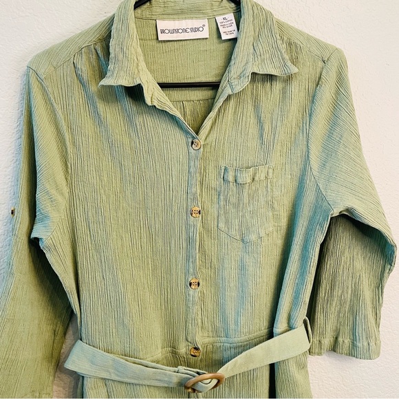 Brownstone Studio Vintage Sage Green Button Down Gauzy Cotton Belted Midi Dress - Picture 4 of 7